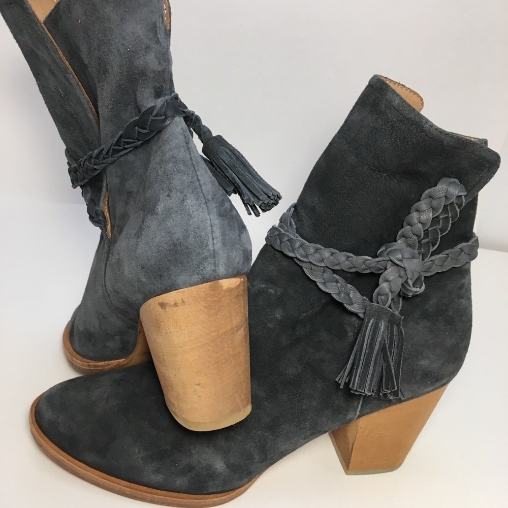 Anthropologie Huma Blanco Gray Suede Leather Ankle Boots Size 38 US 7 Braided - Picture 3 of 13